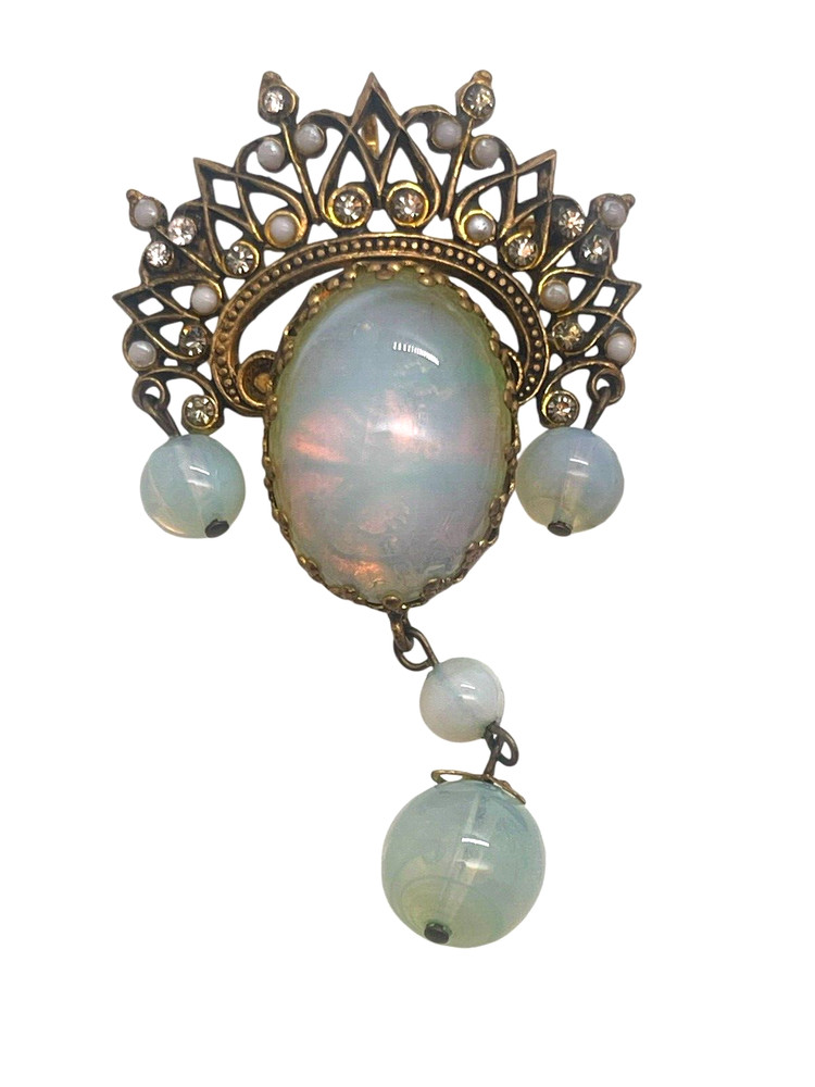 Stunning Large Opaline Glass French Brooch or Pendant, Opaline Glass Beads