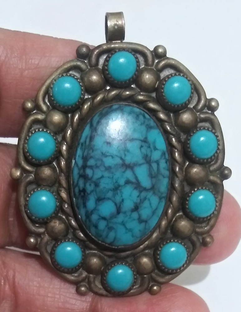 Vintage Bell Trading Post Faux Turquoise Nickel Silver Pendant
