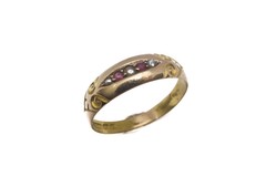 ANTIQUE EDWARDIAN ENGLISH 15K GOLD RUBY & PEARL 5 STONE GYPSY RING c1902