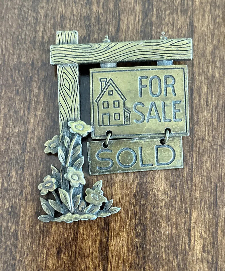 Fun Vintage JJ Jonette Bronze Tone For Sale Realtor House For Sale Sign Brooch