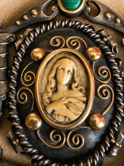 Antique Gold Silver Religious Pendant Virgin Mary Malachite Large Rare