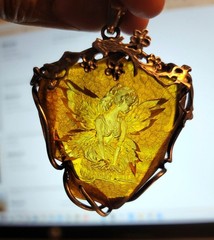 HAND CARVED REVERSE INTAGLIO BALTIC AMBER PENDANT FAIRY NYMPH LADY IN 925 SILVER