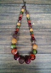 Vintage Beaded Necklace Yellow Brown Orange Magenta Marble Swirl Style