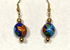 Vtg. Chinese Enamel Dangle Earrings Ball-Gold Tone-asst color flowers on Dk Blue