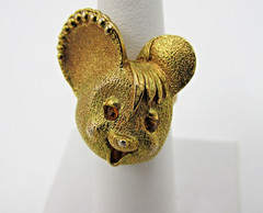 Unique Vintage Cartoon Mouse Ring Brushed Gold Tone Rhinestone Eyes Size 5