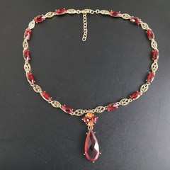 Vintage Gold Tone Red Crystal Filigree Pendant Necklace 18 Inch Adjustable