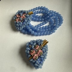 VINTAGE MIRIAM HASKELL BLUE GLASS BEAD AND SEED HEART BRACELET & PIN “AS IS”