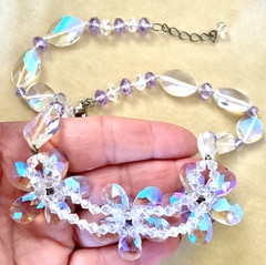 GLOWING Glass Crystal Flower 19″ Necklace BOREALIS & LAVENDER GREAT FOR WEDDING
