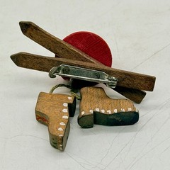 Vintage Wooden Ski Brooch Hand Painted Boots Alpine Winter Jewelry Vintage