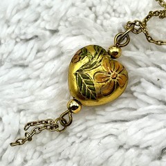 Vintage Puffy Heart Pendant Necklace Gold Tone Two Tone Engraved Floral 18″