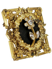 Antique Gold Tone Repousse Rhinestone Flower & Black Felt Pin Brooch AUSTRIA