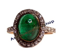 VICTORIAN STYLE ANTIQUE ROSE CUT DIAMOND 0.80ct SILVER EMERALD WEDDING WEAR RING