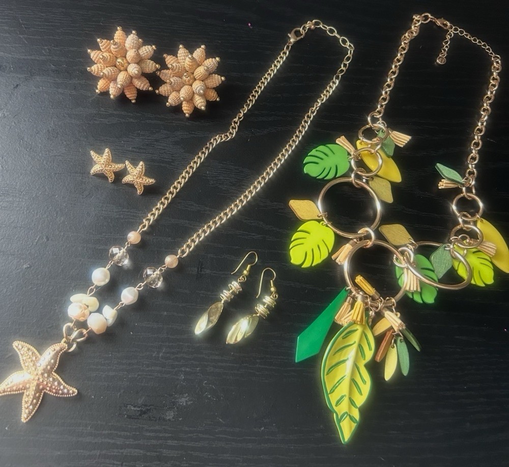 Vintage Costume Jewelry Lot Necklaces Earrings Beach Tropical Gold Tone Mixed