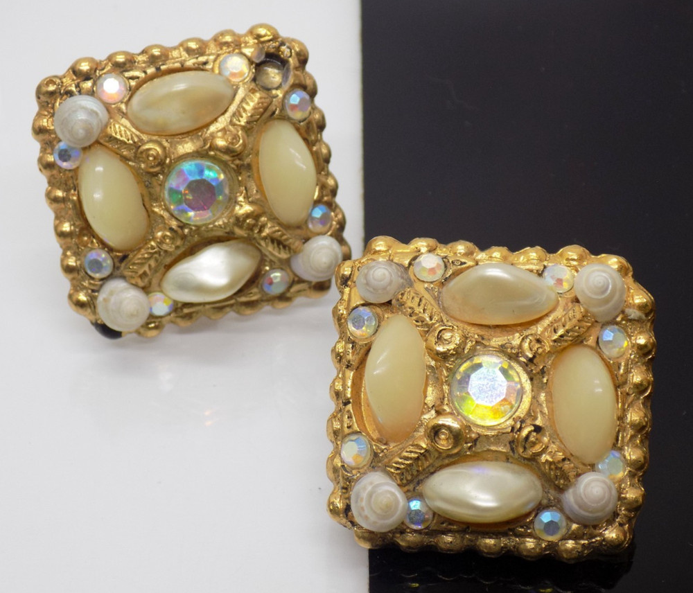 France Jacky de G Aurora Borealis Mother of Pearl Seashell Gold Clip On Earrings
