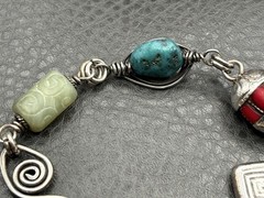 800 Silver Feather Charm Link Bracelet Turquoise Jade Coral Boho 8”