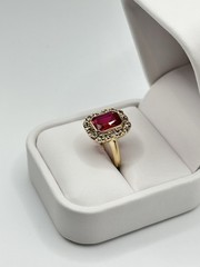 Vintage 3.00ctw Red Spinel & Sapphire Halo 16mm Ring 10k Yellow Gold Size 5.25