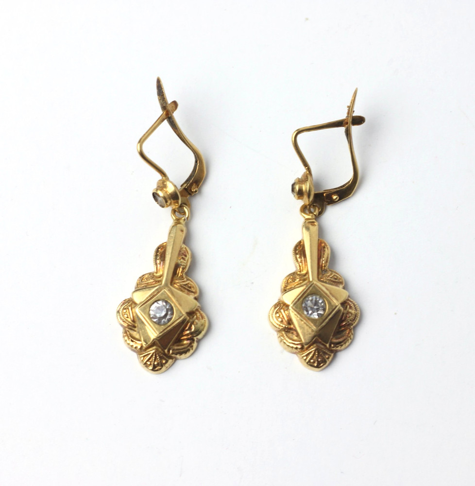 Pair of 18K Gold Earrings Past or White Stones Pierced Back