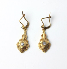 Pair of 18K Gold Earrings Past or White Stones Pierced Back