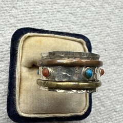 Artisan Spinner Ring Band Turquoise Coral Hammered Sterling Silver Sz 10 7.8g