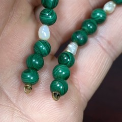 VTG Round Malachite Beads (No Clasp) Fresh Water Pearls Segment Bracelet 6-3/8”