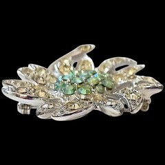 Vtg Sarah Coventry Mountain Flower Brooch Green AB Rhinestones Silver Tone 1968
