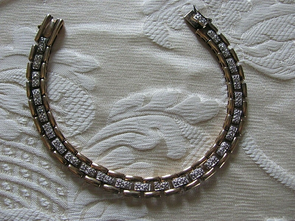 Ladies .05 Carat Diamond Bracelet Sterling Silver Fancy Gold 7.5″ 925