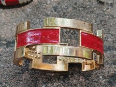 2 Vintage Hinged Bangle Bracelets with Red Enamel 1 Gold Tone 1 Silver Tone 80’s