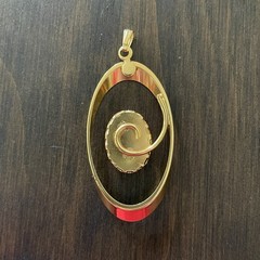 Vintage Gold Tone Elongated Oval Porcelain Pendant With Owl Painting Signed M.A.