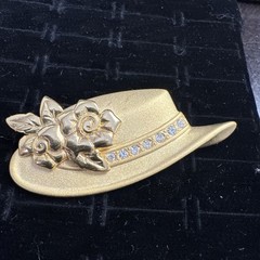 Vintage Signed Tona Hat Brooch Satin Gold Tone Bow Clear Rhinestone Hatband