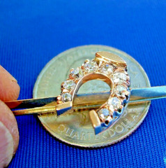 Original EARTH MINED DIAMOND Deco Horseshoe Brooch Equestrian PIN SOLID 14K GOLD