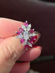 VINTAGE 14K WHITE GOLD RUBIES DIAMONDS CLUSTER SPRAY COCKTAIL RING STATEMENT