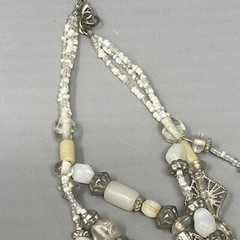 Layered Beaded Necklace Acrylic Glass White Silver Multi Strand Collar Boho 19″