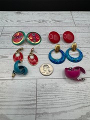 VTG 80s 90s Costume Earring Lot 14 Pairs Statement Retro Colorful Dangle Stud