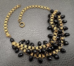 Vintage Old Book Chain Black Faceted Bead Charm Bib Festoon Layered Necklace 17”