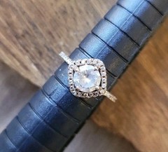 Vtg Gold Tone Engagement Ring, Clear Stone Halo Setting Pave Band, Size 4.25