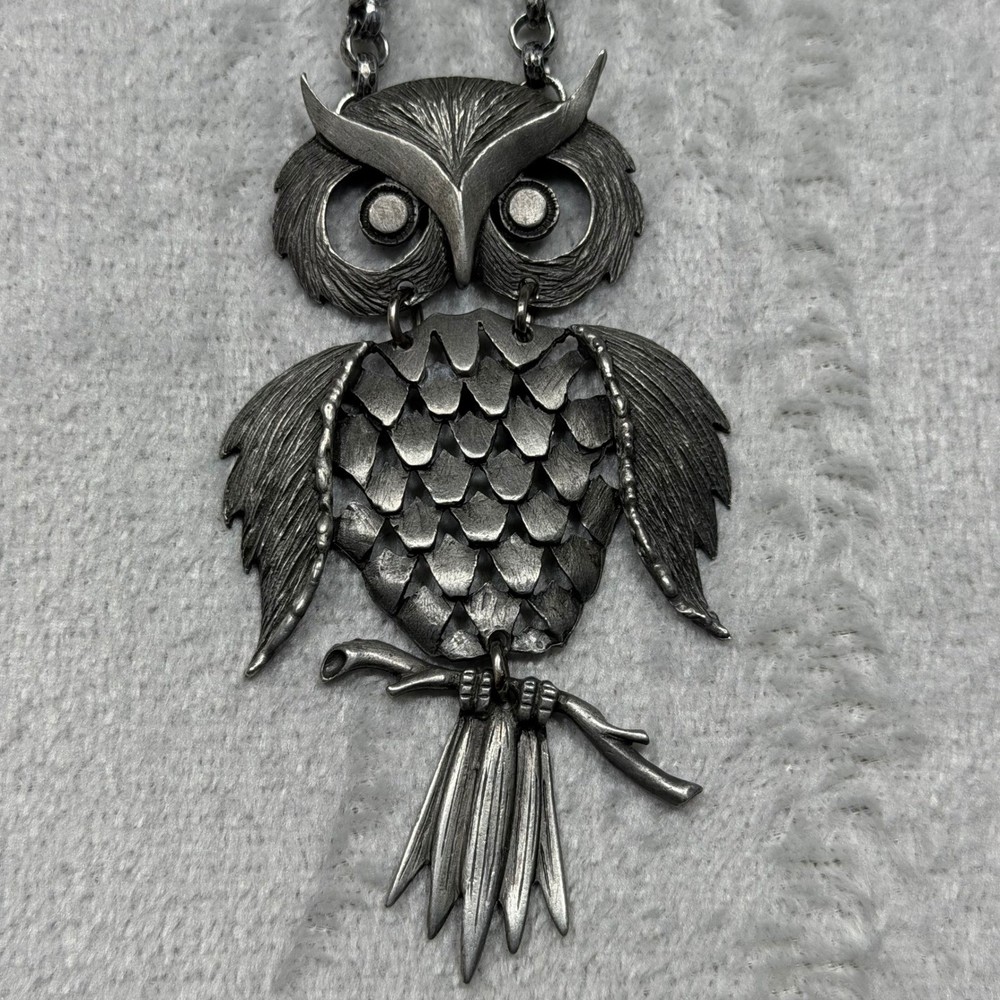 Vintage 1970s Articulated Owl Pendant Necklace Silver Tone Boho Statement 22in