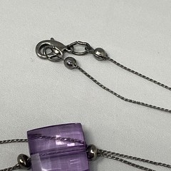 Glass Bead Station Necklace Blue Flower Lampwork Purple Acrylic Black Tone 36″