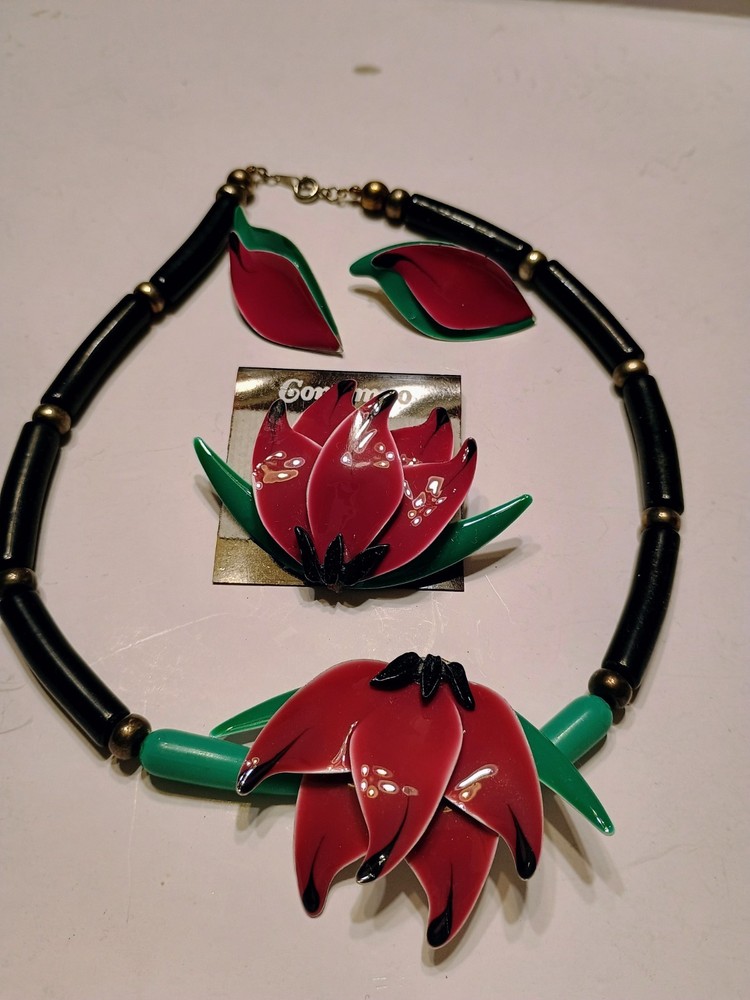 Contempo Pink Lotus Enamel Necklace , Brooch,Earrings Set New Old Stock STUNNING