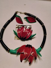 Contempo Pink Lotus Enamel Necklace , Brooch,Earrings Set New Old Stock STUNNING