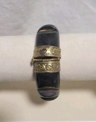 Vtg Egyptian Revival Wood Brass Inlay Hinged Bangle Cuff Bracelet Trombone Clasp