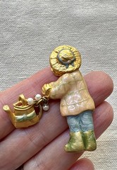 Vintage Garden Gal Enamel Brooch Pin Gold Tone Watering Can Pearl Dangles