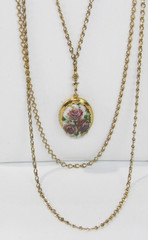 Vintage 1928 Porcelain Floral Photo Locket Pendant Goldtone 3 Strand Chain 35″