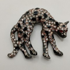 Vintage Rhinestone Black Cat Brooch Gothic Art Deco Pin