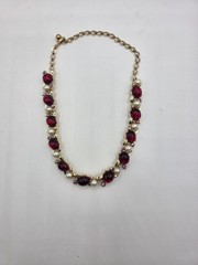 Vintage Red Glass & Faux Pearl Necklace Gold Tone 15.5 Inches