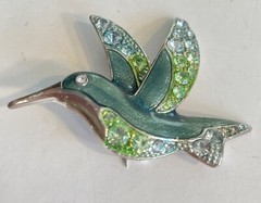 Liz Claiborne Green Crystal Rhinestone Hummingbird Brooch Pin Bird Pave Teal