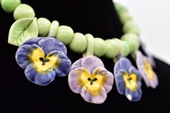 Flying Colors Vintage Pansy Flower Necklace Ceramic Beaded Floral Collar Choker