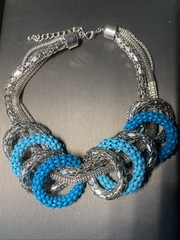 Vintage Graziano Mesh Chain Runway Necklace Estate Jewelry Statement Blue Enamel