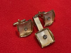 Vintage Cufflinks & Tie Bar – Gold Tone Mother of Pearl Like w/Rhinestone Center