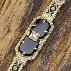 RARE Antique Art Deco Belais 10K White Gold Diamond Onyx Filigree Bracelet
