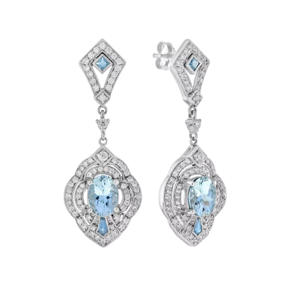 Art Deco Style Lab-Created Diamond Aquamarine Wedding 14K White Gold FN Earrings